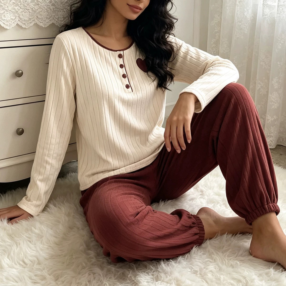 ZARA Fleece Ribbed Heart Embroidery Long Sleeve Pajama Set Loungewear